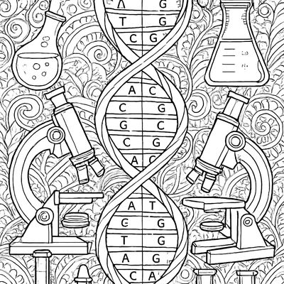 A DNA Double Helix With Labeled Base Pairs Surrounded By Microscopes And Lab Equipment