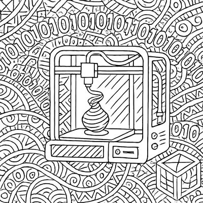 A Math And Technology Scene Showing Binary Code, Geometric Patterns, And A 3D Printer Creating An Object