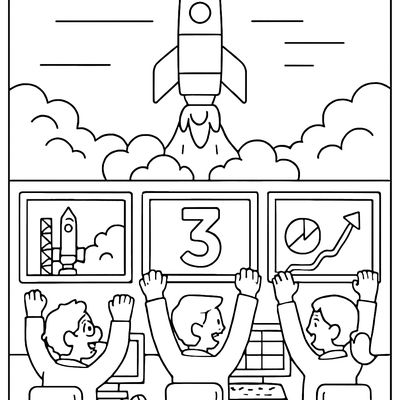 A Rocket Launch Scene With Mission Control Screens, Countdown Numbers, And Cheering Scientists