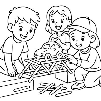 An Engineering Challenge: Children Building A Bridge Out Of Popsicle Sticks That Holds A Toy Car