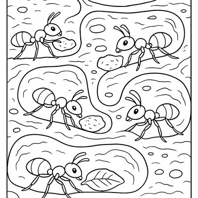 Ant Colony Tunnels With Worker Ants Carrying Food
