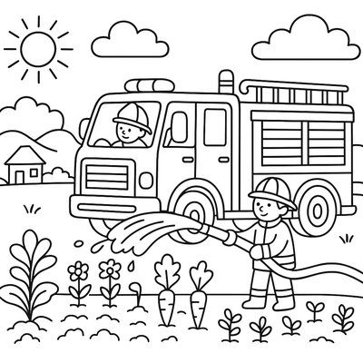 Fire Truck Watering Community Garden During Dry May Weather