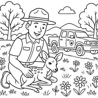 Park Ranger Truck Rescuing Injured Fawn In Spring Meadow