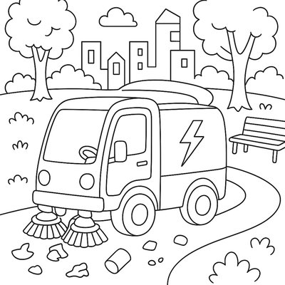 An Electric Street Sweeper Cleaning Up Litter In A City Park
