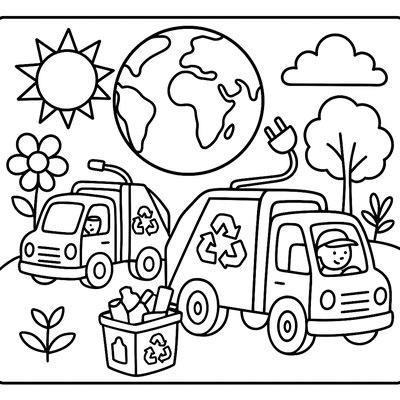 Electric Garbage Trucks Collecting Recyclables On Earth Day