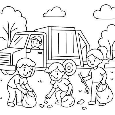 Park Cleanup Truck Collecting Litter While Volunteers Help