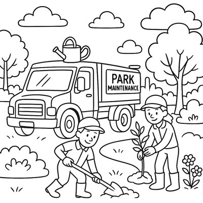 Park Maintenance Truck With Workers Planting New Trees