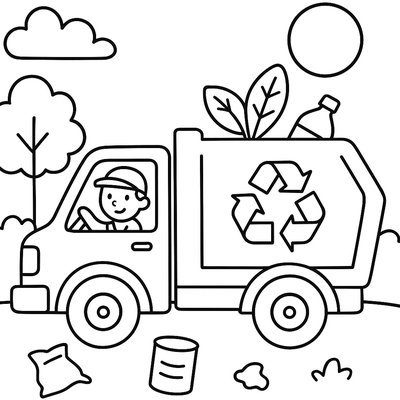 Recycling Truck Collecting Bins On Neighborhood Street