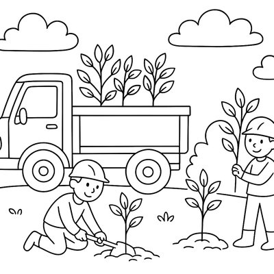 Tree Planting Truck With Workers And Saplings