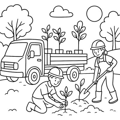Tree Planting Truck With Workers Planting Saplings