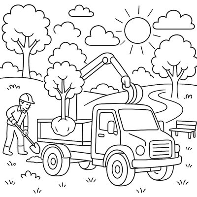 A Tree Planting Truck Working In A Park