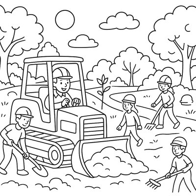Bulldozer And Crew Preparing Land For New Park Construction