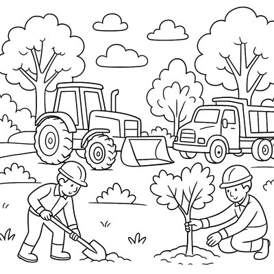 Landscaping Equipment Planting Trees In A Park