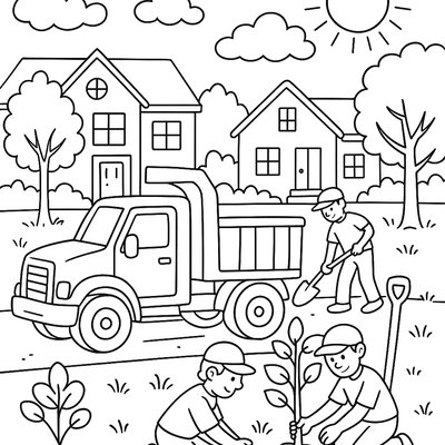 Landscaping Truck Planting Trees In Neighborhood
