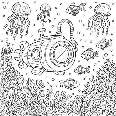 A Deep-sea Submersible Exploring A Coral Reef With Glowing Jellyfish And Colorful Fish