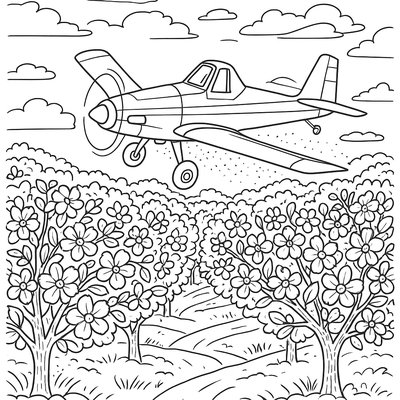 A Crop-dusting Plane Flying Over Blooming Orchards