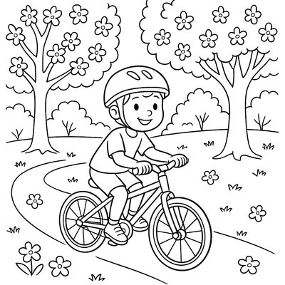 A Child Riding A Bicycle Through A Park With Blooming Trees