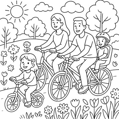 A Family Bike Ride Through A Park With Spring Flowers