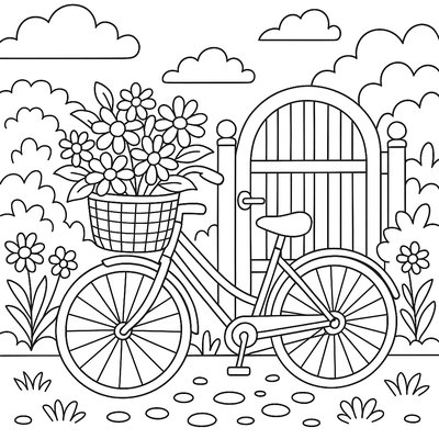 A Vintage Bicycle With Basket Of Flowers Parked By A Garden Gate
