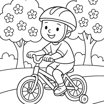 Child On Bicycle With Training Wheels Riding Past Blooming Trees