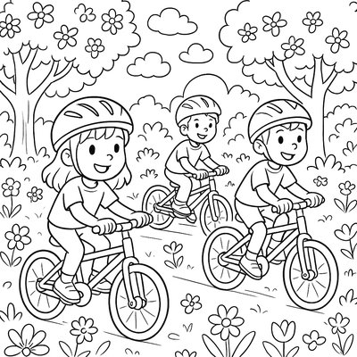 Children Riding Bikes Through A Park With Spring Flowers