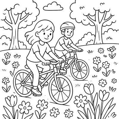 Children Riding Bikes Through Cherry Blossom Path