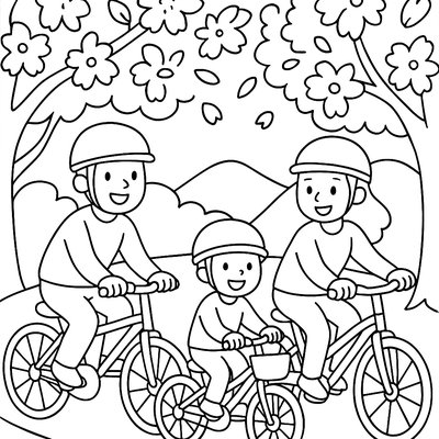 Family Bike Ride Through Park With Blooming Cherry Trees