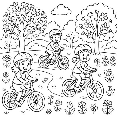 Kids Riding Bicycles Through A Park With Spring Flowers