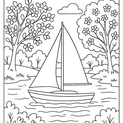 A Sailboat On A Lake Surrounded By Blooming Cherry Trees