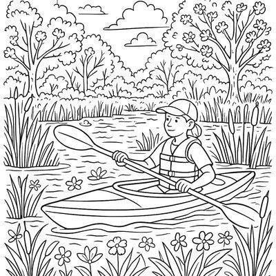Kayaker Paddling Through Spring Marsh Wetlands