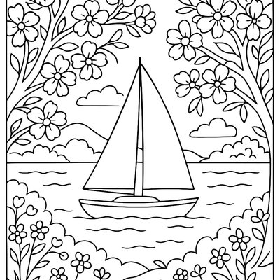 Sailboat On Lake Surrounded By Spring Flowering Trees