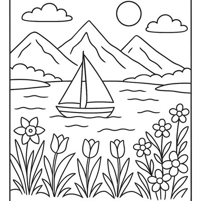 Sailboat On Lake With Mountains And Spring Flowers On Shore