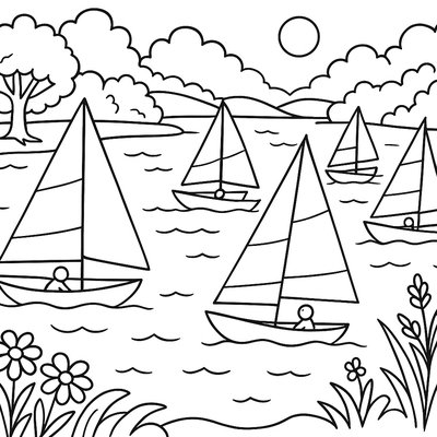 Sailboat Race On A Lake With Spring Shoreline