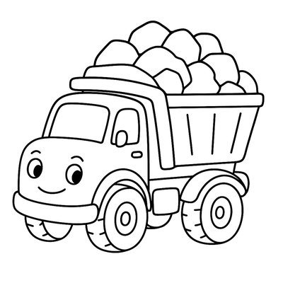 A Friendly, Smiling Dump Truck With Big, Chunky Wheels And A Full Load Of Rocks