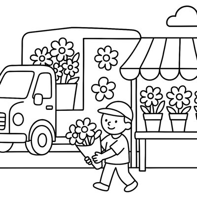 Flower Delivery Truck Unloading Bouquets At Market