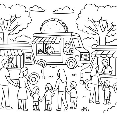 Food Truck Festival In Park With Families Ordering