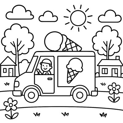 Ice Cream Truck Driving Through Neighborhood In Spring