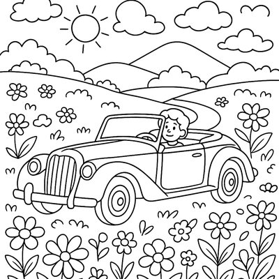 Vintage Convertible Car Driving Through Countryside With Flowers