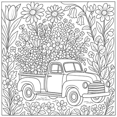 Vintage Pickup Truck Loaded With Spring Flowers