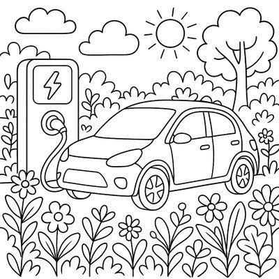 An Electric Car Charging At A Station Surrounded By Gardens