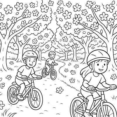 Children Riding Bikes On A Trail Through A Blooming Cherry Orchard