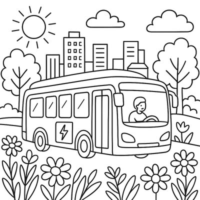 Electric Bus Driving Through A Spring City