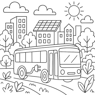 Electric Bus Powered By Solar Panels In Sunny Spring Day