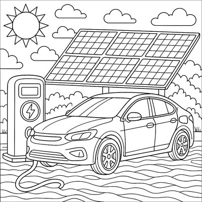 Electric Car Charging At Solar Panel Station