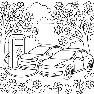 Electric Cars Charging At A Station Surrounded By Flowering Trees