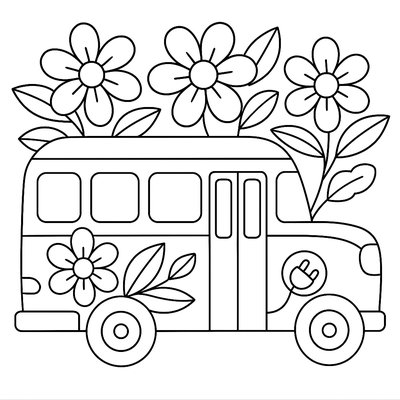 Electric School Bus Decorated With Spring Flowers