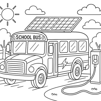 Electric School Bus Picking Up Children Near A Wind Farm