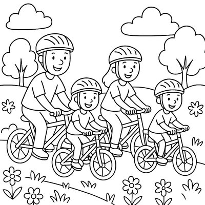 Family Riding Bikes On Nature Trail With Flowers