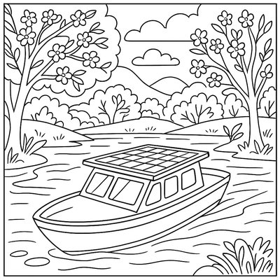 Solar-powered Boat On Lake Surrounded By Spring Trees