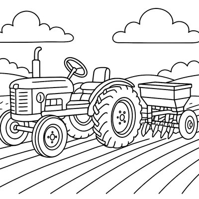 A Vintage Red Tractor Pulling A Seed Planter Through Rows